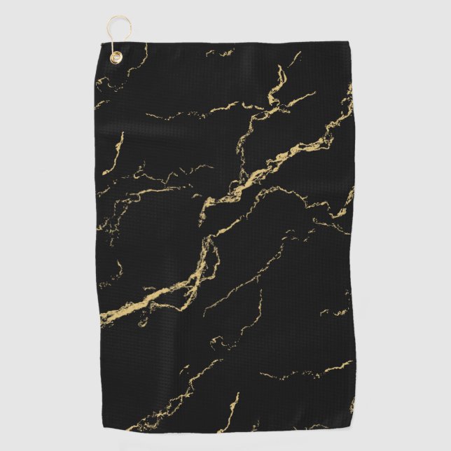 Sharp Black and Gold Marble Golf Towel (Front)