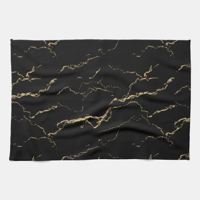 Sharp Black and Gold Marble Tea Towel (Horizontal)