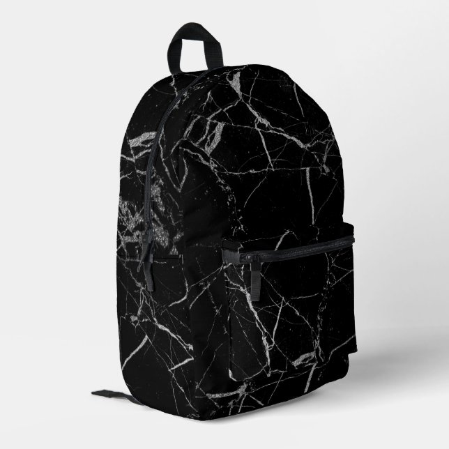 Sharp Black and Silver Marble Printed Backpack (Back Corner Left)