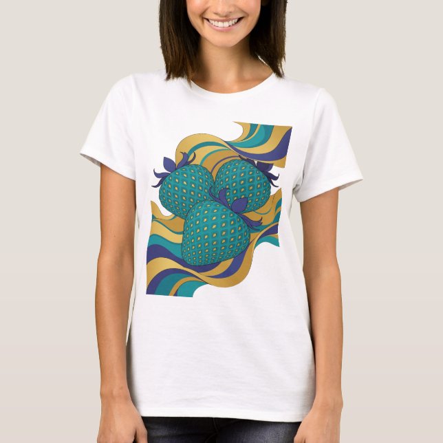 Sharp Blue THREE BLUE STRAWBERRIES Print T-Shirt (Front)