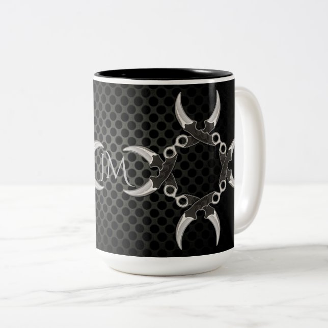 Sharp Edges Monogrammed Curved Blades Two-Tone Coffee Mug (Front Right)