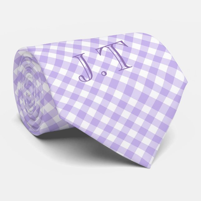 Sharp Looking Lavender Gingham Pattern Monogram Tie (Rolled)