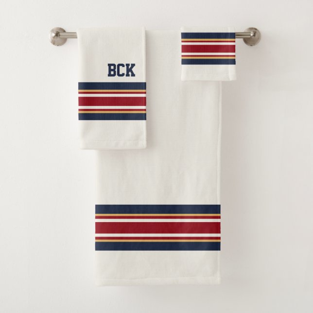 Sharp Personalised Ice Hockey  Cream Shirt Stripe Bath Towel Set (Insitu)