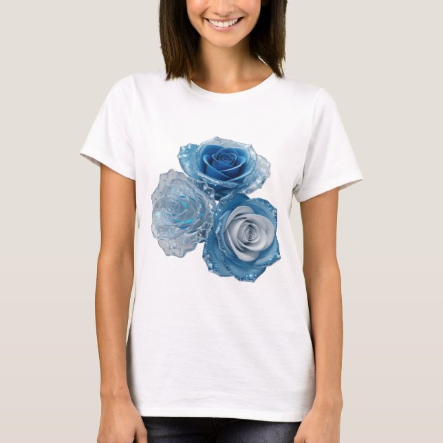 Sharp Silver BLUE ROSES Print T-Shirt (Front)