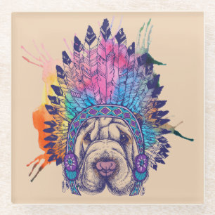 Sharpei Native American Indian Chief Glass Coaster