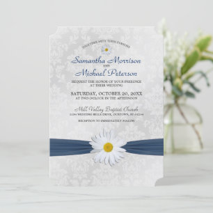 Shasta Daisy Navy Blue Ribbon Wedding Invitation