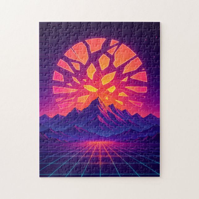 Shattered Neon Sun Over Synthwave Mountains  Jigsaw Puzzle (Vertical)