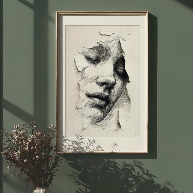 Shattered Serenity: Monochrome Line Art Face Poster (Creator Uploaded)