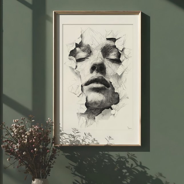 Shattered Serenity: Monochrome Line Art Face Poster (Creator Uploaded)
