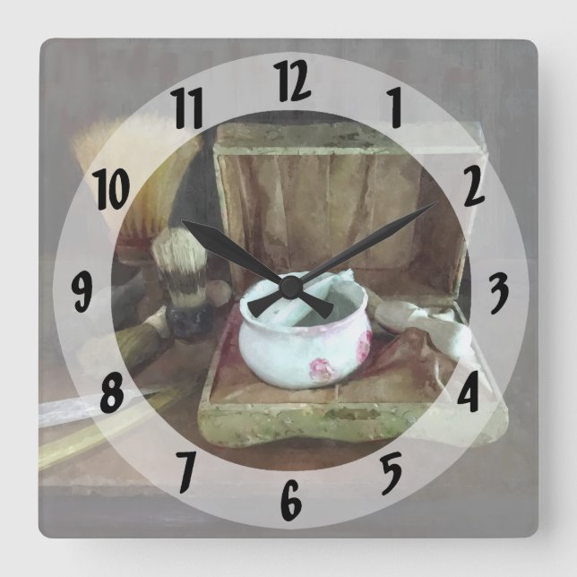 Shaving Mug and Shaving Brushes Square Wall Clock (Front)