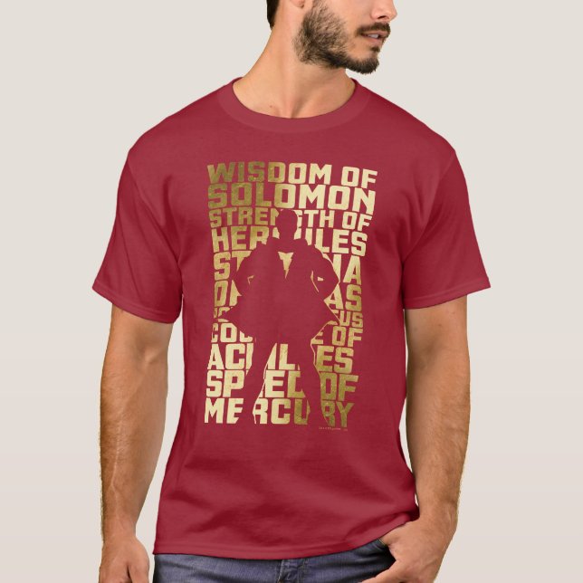 SHAZAM! | Abilities Golden Typography Graphic T-Shirt (Front)