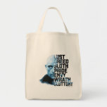 SHAZAM! | Dr. Sivana Seven Deadly Sins Graphic Tote Bag<br><div class="desc">Check out this closeup of Dr. Sivana with the Seven Deadly Sin names cut out from half of his face.</div>