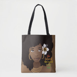 She Believed She Could, Black Woman, Flower, Brown Tote Bag