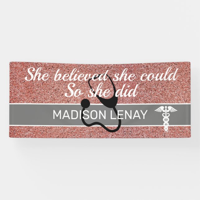 She Believed She Could Nurse Student Pink Glitter Banner (Horizontal)