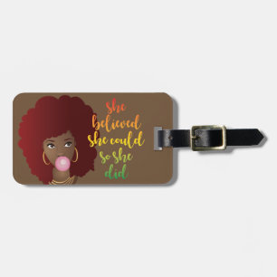She Believed She Could So She Did, Red Afro, Brown Luggage Tag