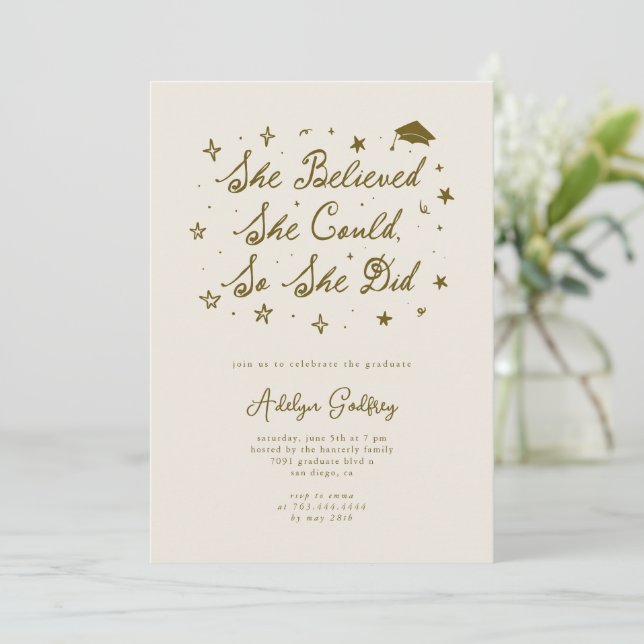 She Believed Typography Cream Graduation Party Invitation (Standing Front)