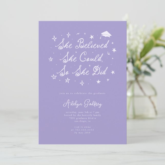 She Believed Typography Lilac Graduation Party Invitation (Standing Front)
