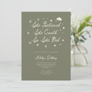 She Believed Typography Sage Graduation Party Invitation