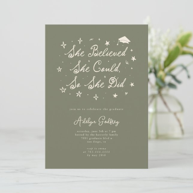 She Believed Typography Sage Graduation Party Invitation (Standing Front)