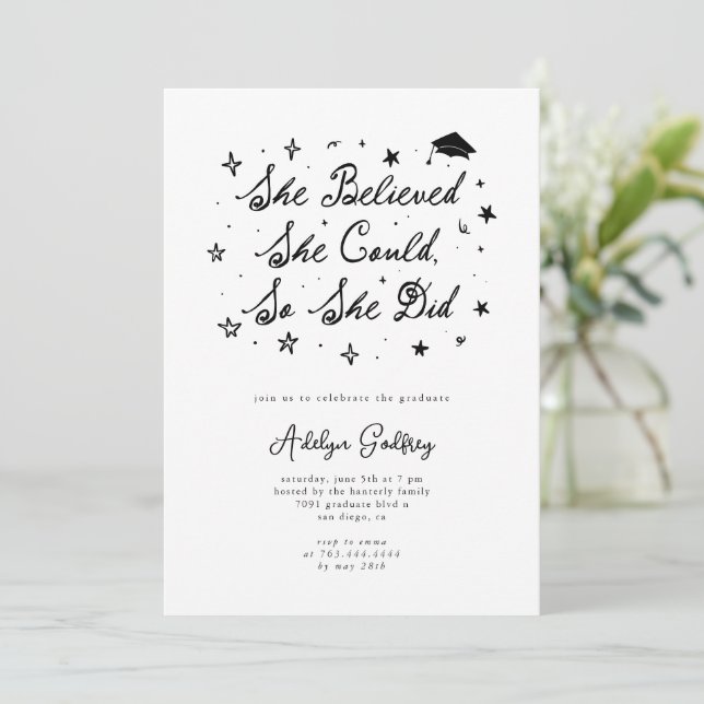 She Believed Typography White Graduation Party Invitation (Standing Front)