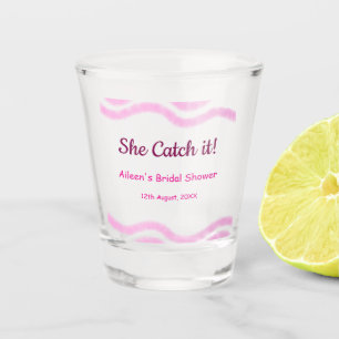 She Catch it pink spiral watercolor lines bridal Shot Glass