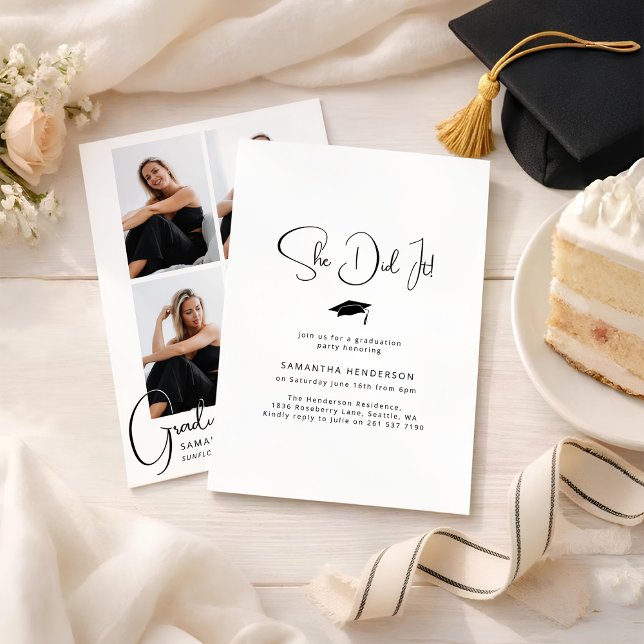 She Did It! 4 Photo Collage Graduation Party Invitation (Creator Uploaded)