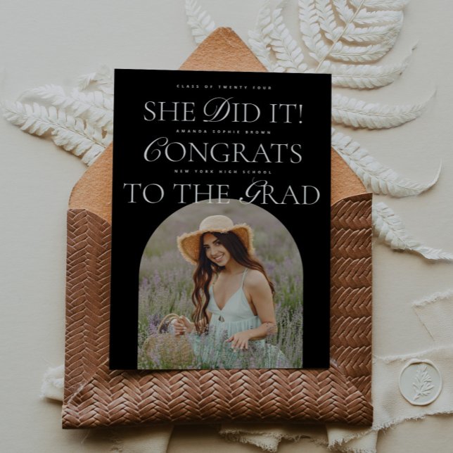 She Did It B&W Arch Hybrid Font Modern Graduation Invitation (Creator Uploaded)