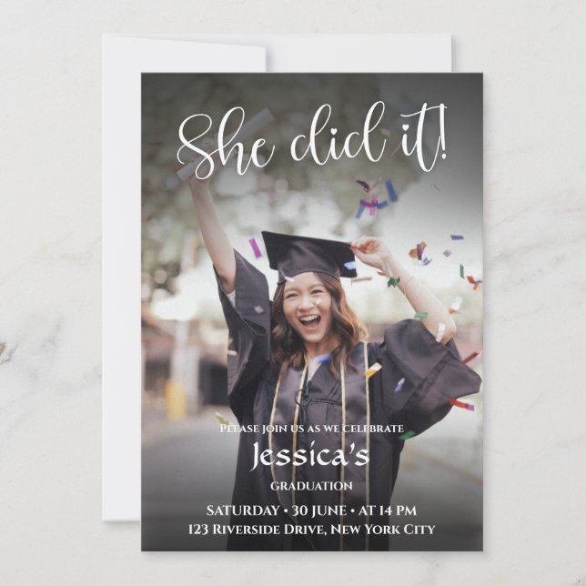 She Did It! Black Gradient Photo Graduation  Invitation (Front)