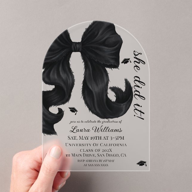 She Did It Bow Graduation  Acrylic Invitations (Insitu (Handheld))