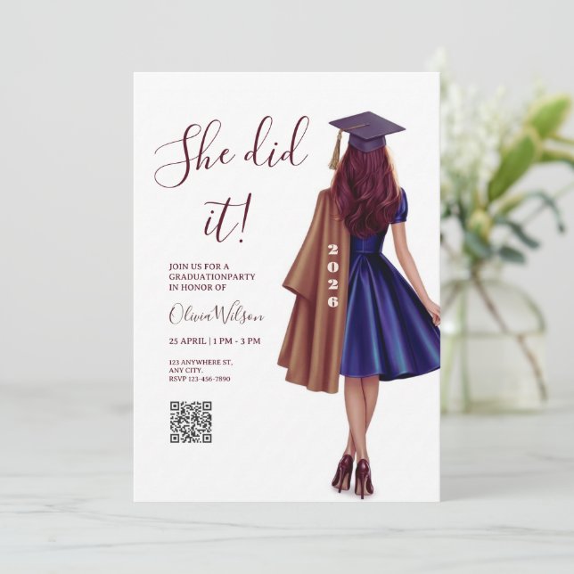She Did It | Brown Bronze Elegant Graduation Party Invitation (Standing Front)