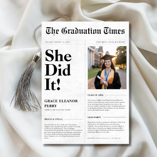 She Did it Budget Graduation Newspaper Photo Invitation