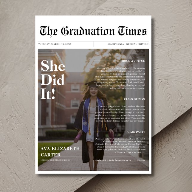  She Did It Budget Graduation Newspaper Photo  Invitation (Creator Uploaded)