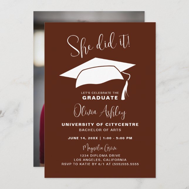 She Did It Burgundy Photo Graduation Invitation (Front/Back)