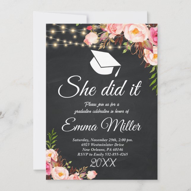 She Did It - Chalkboard Graduation Invitation (Front)