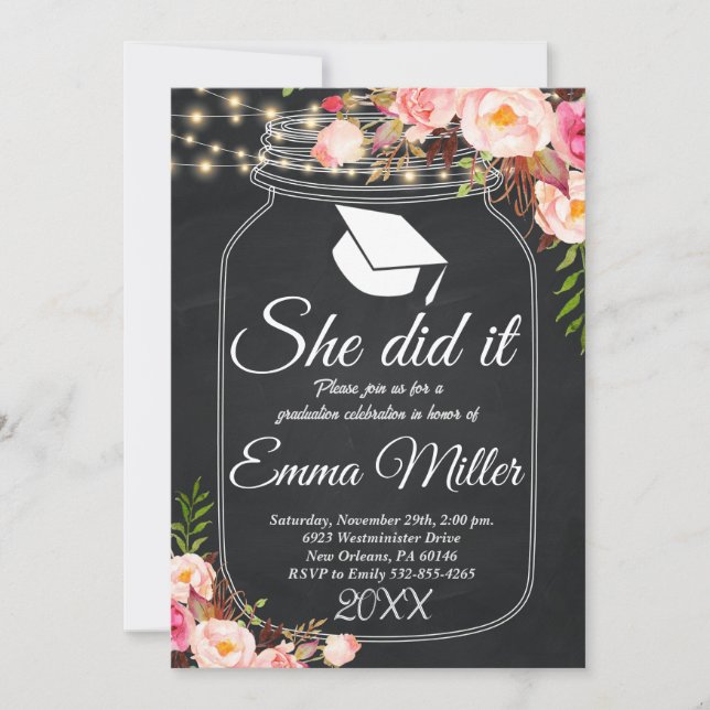 She Did It, Chalkboard Graduation Party Invitation (Front)