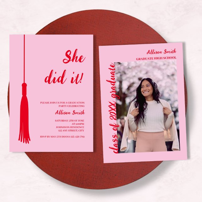She Did It Chic Tassel Red & Pink Photo Graduation Invitation (She Did It Chic Tassel Red & Pink Photo Graduation Invitation)