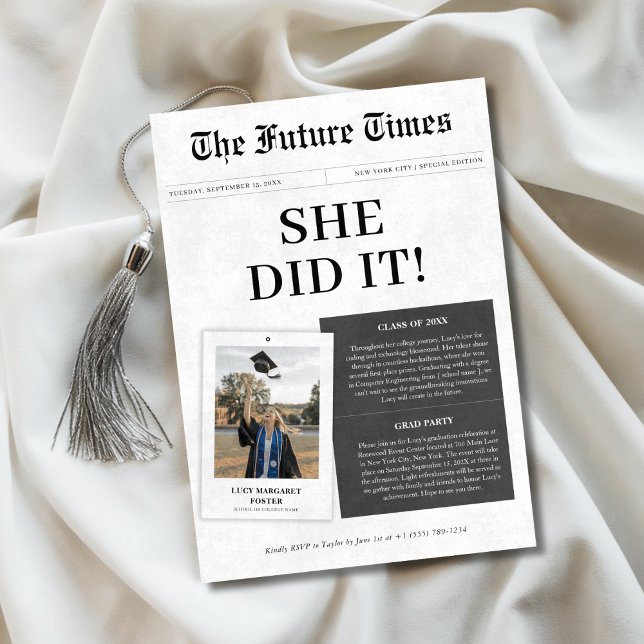 She Did It Classic Old Newspaper Graduation Photo Invitation (Creator Uploaded)