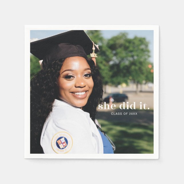 She Did It Custom Graduation Announcement Photo Napkin (Front)