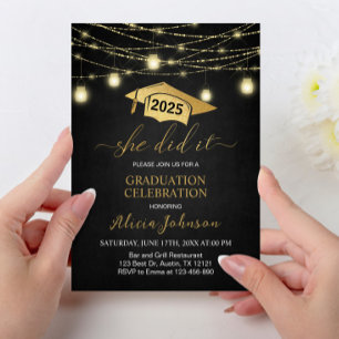 She Did It! Elegant Black Gold Graduation party Invitation