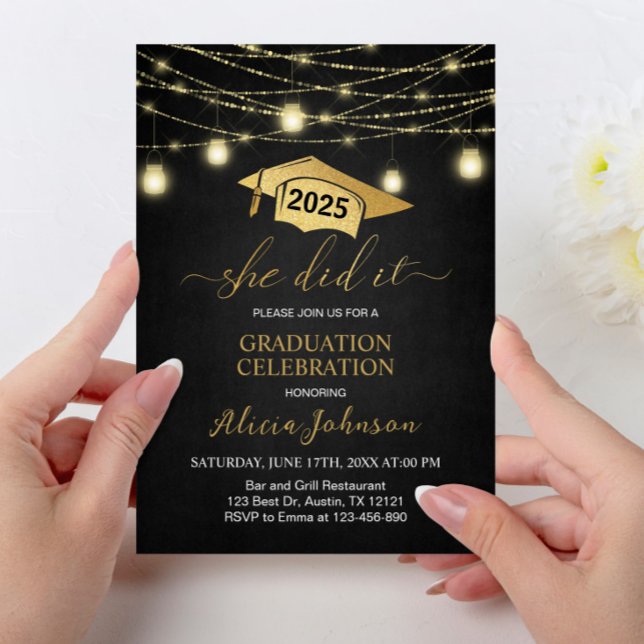 She Did It! Elegant Black Gold Graduation party Invitation (Creator Uploaded)