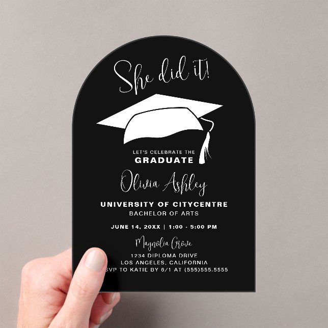 She Did It Elegant Graduation Acrylic Invitations (Insitu (Handheld))