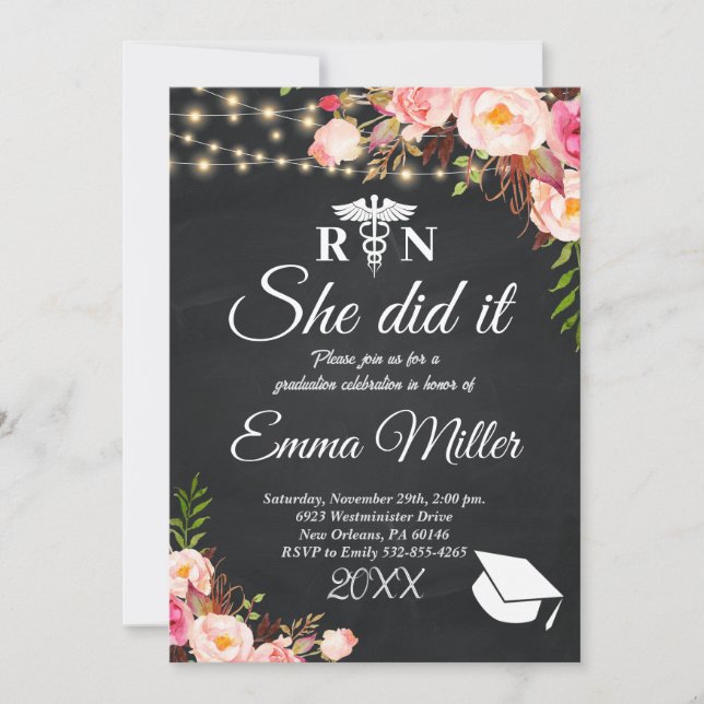 She Did It - Elegant Nursing School Graduation Invitation (Front)