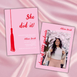 She Did It Feminine Red & Pink Photo Graduation Invitation