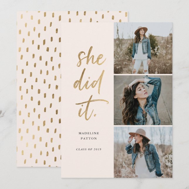 She Did It Gold Script Graduation Announcement (Front/Back)