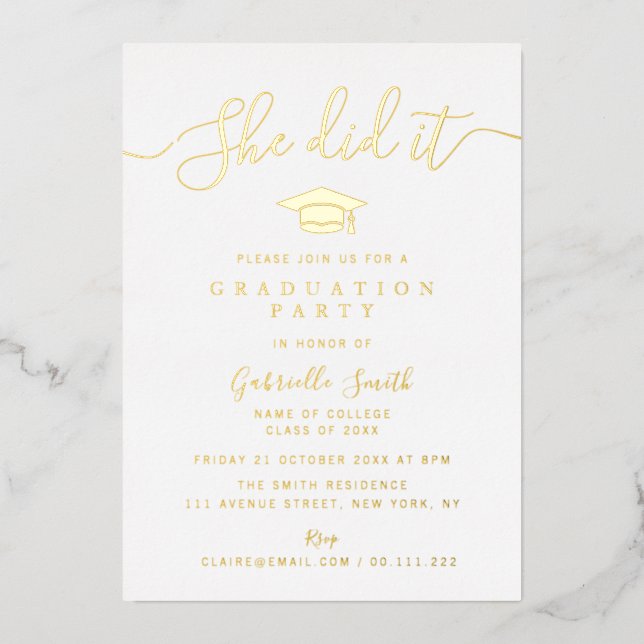 SHE DID IT! Gold Script Graduation Party (Front)