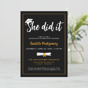 She Did It Grad Cap Black Graduation Party Photo Invitation