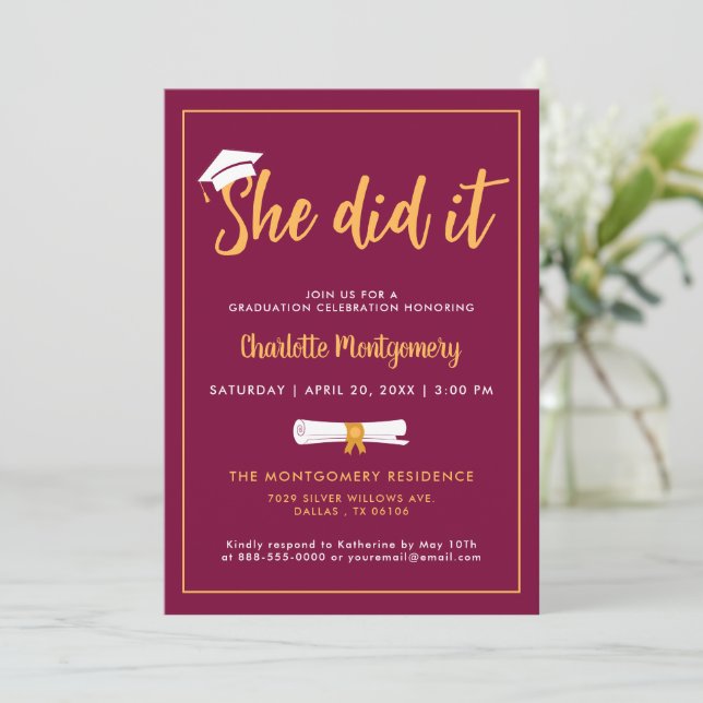 She Did It Grad Cap Burgundy Graduation Photo Invitation (Standing Front)