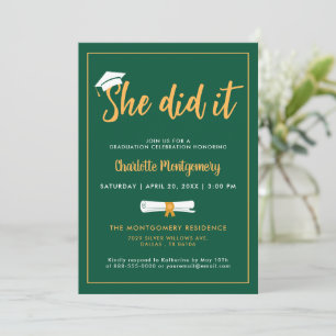 She Did It Grad Cap Green Graduation Party Photo Invitation