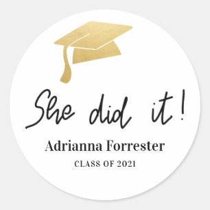 She Did It Graduation Hat Faux Gold Foil Thank You Classic Round Sticker