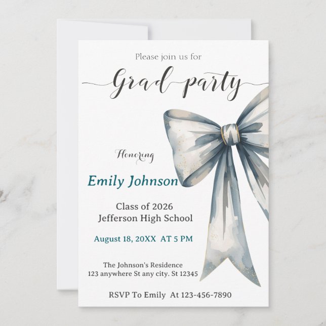 She did it Graduation invitation Photo Blue Bow  (Front)